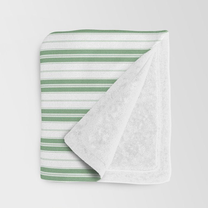 Fern Green and White Narrow Vertical Vintage Provincial French Chateau Ticking Stripe Throw Blanket Gallery Image 3