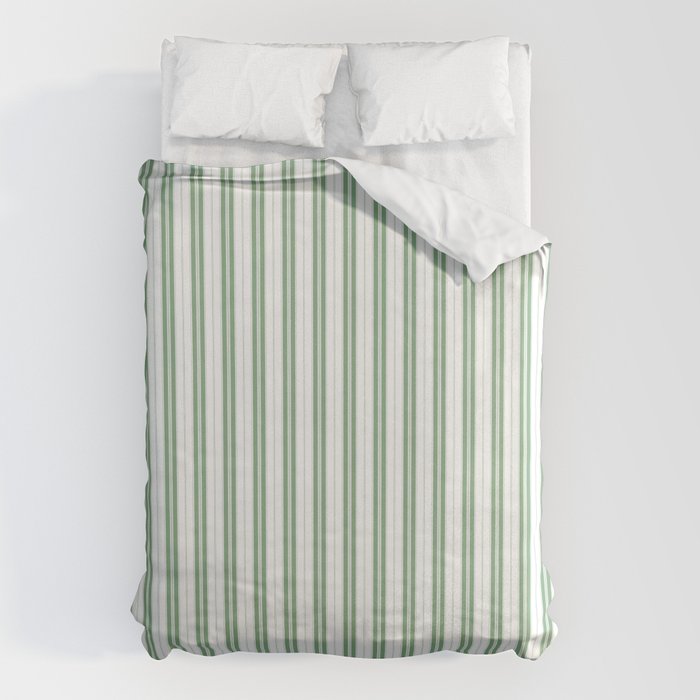 Fern Green and White Narrow Vertical Vintage Provincial French Chateau Ticking Stripe Duvet Cover Gallery Image 6