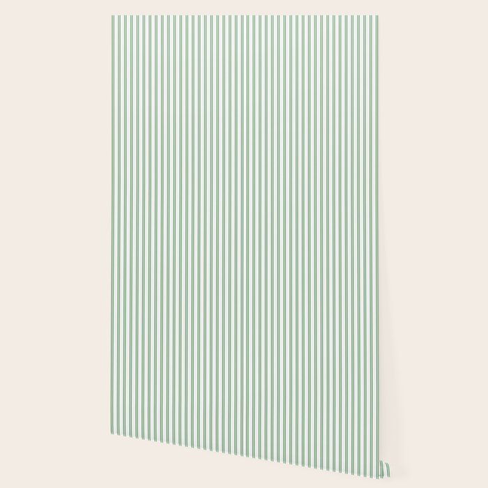 Fern Green and White Narrow Vertical Vintage Provincial French Chateau Ticking Stripe Wallpaper Gallery Image 2