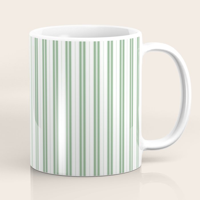 Fern Green and White Narrow Vertical Vintage Provincial French Chateau Ticking Stripe Coffee Mug Gallery Image 1