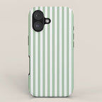 Fern Green and White Narrow Vertical Vintage Provincial French Chateau Ticking Stripe iPhone Case Gallery Image 1