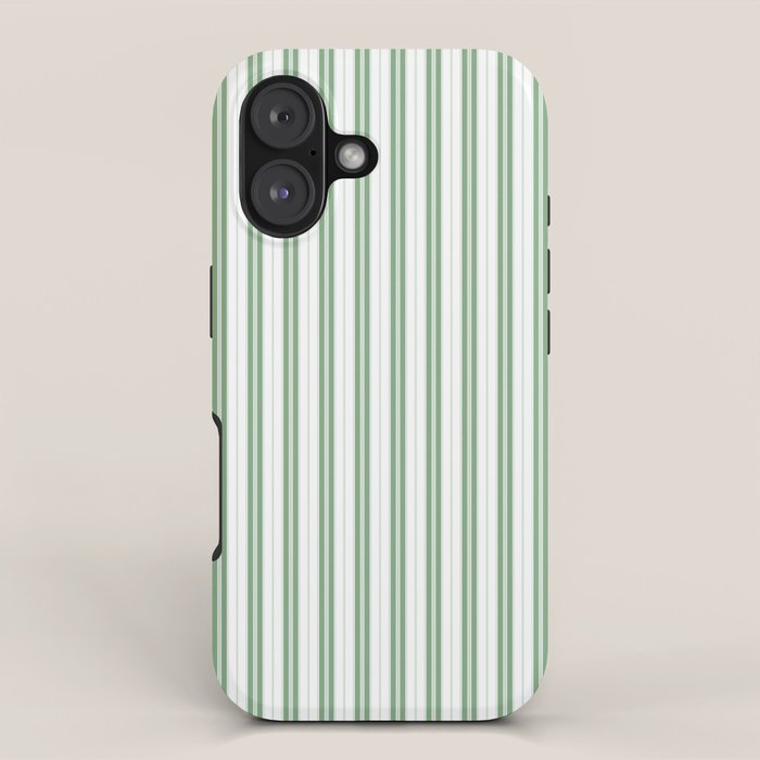 Fern Green and White Narrow Vertical Vintage Provincial French Chateau Ticking Stripe iPhone Case Gallery Image 1