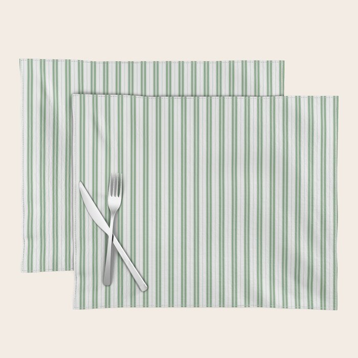 Fern Green and White Narrow Vertical Vintage Provincial French Chateau Ticking Stripe Placemat Gallery Image 1