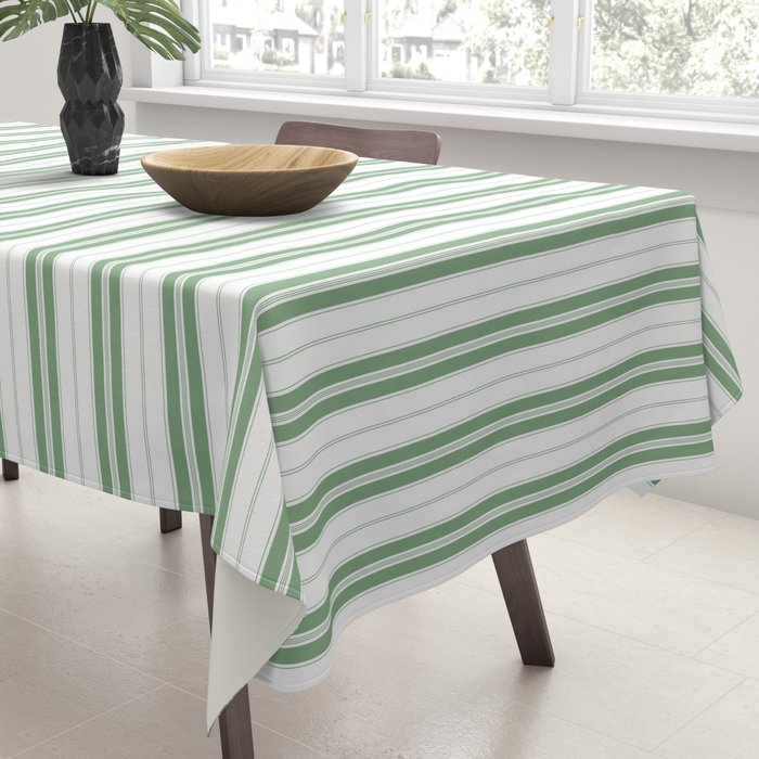 Fern Green and White Narrow Vertical Vintage Provincial French Chateau Ticking Stripe Tablecloth Gallery Image 3