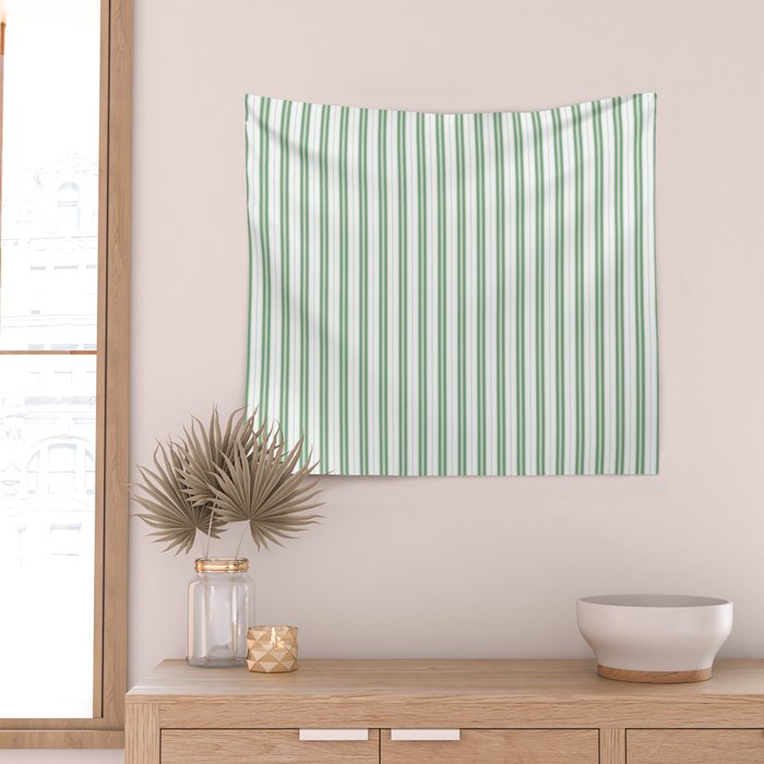 Fern Green and White Narrow Vertical Vintage Provincial French Chateau Ticking Stripe Wall Tapestry Gallery Image 2
