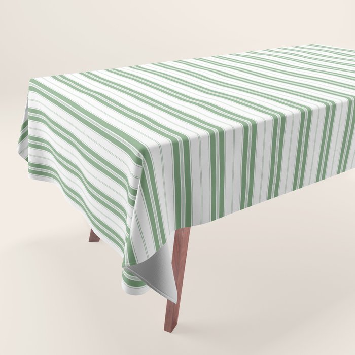 Fern Green and White Narrow Vertical Vintage Provincial French Chateau Ticking Stripe Tablecloth Gallery Image 1