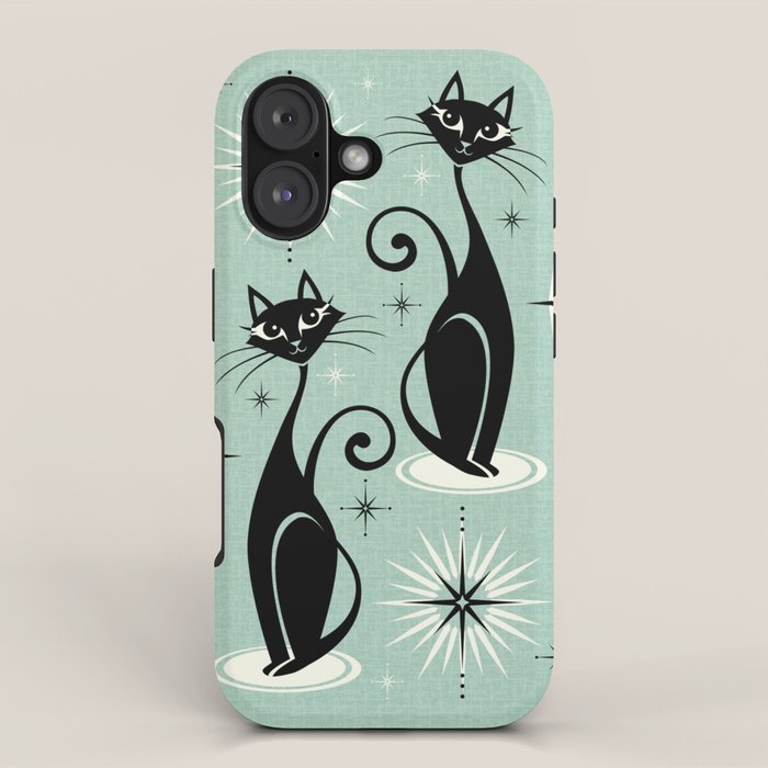 Mid Century Meow Retro Atomic Cats Mint iPhone Case Gallery Image 1