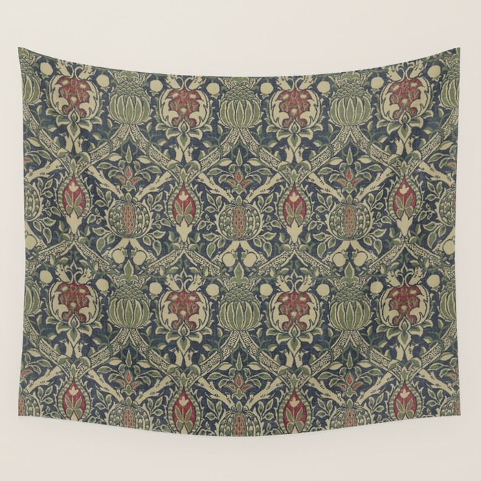 William Morris Granada Blue Indigo Red Vintage Pattern Wall Tapestry Gallery Image 1