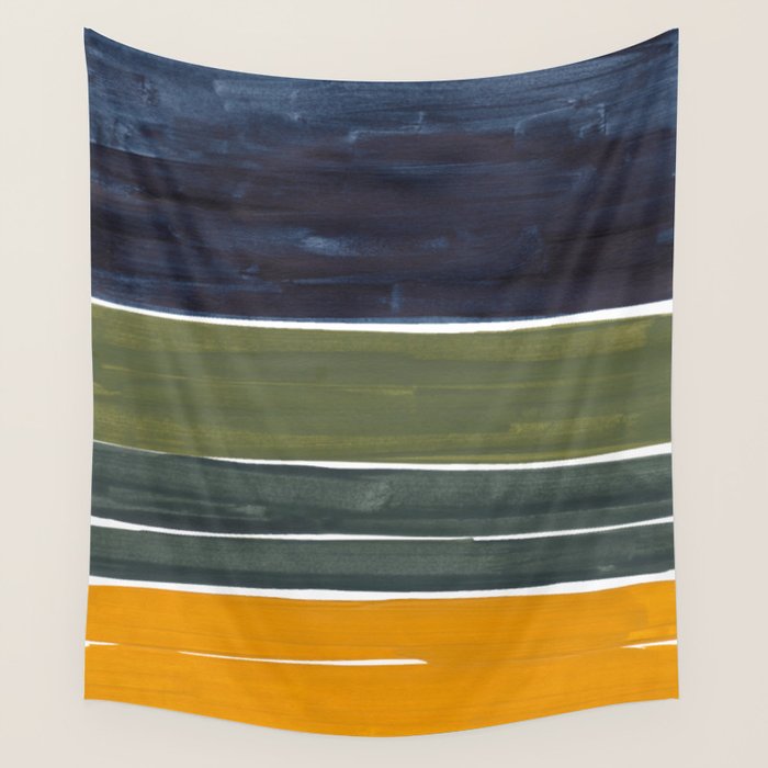 Late November Rothko Inspired Colorful Stripes Navy Blue Olive Green Yellow Wall Tapestry Gallery Image 1