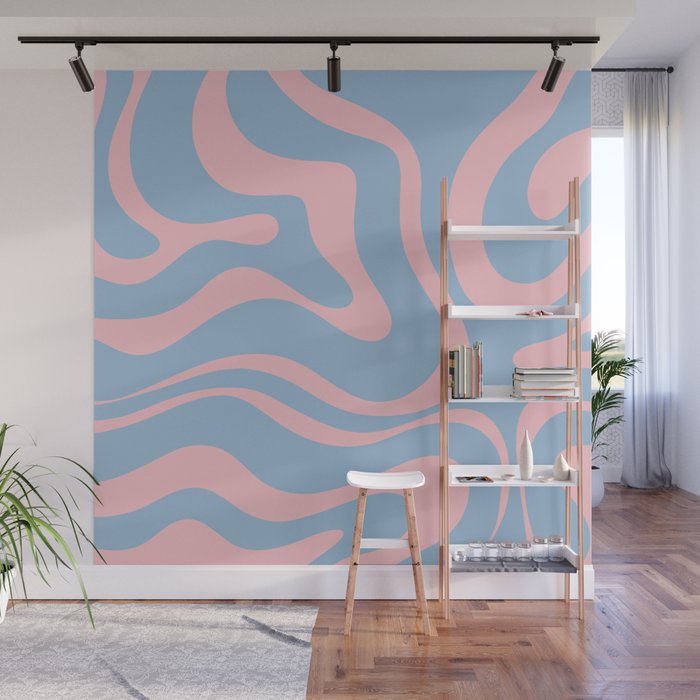 Light Blue and Pink Modern Retro Liquid Swirl Abstract Pattern Wall Mural Gallery Image 1