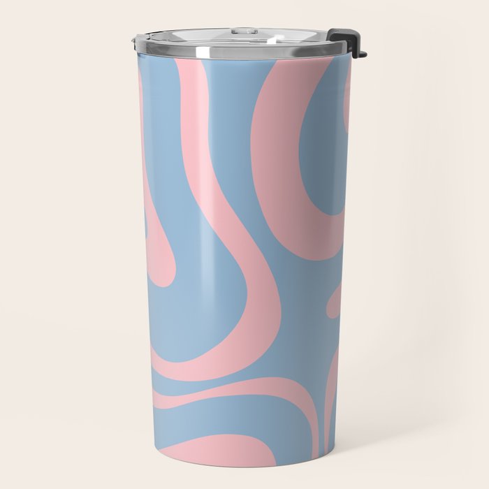 Light Blue and Pink Modern Retro Liquid Swirl Abstract Pattern Travel Mug Gallery Image 2