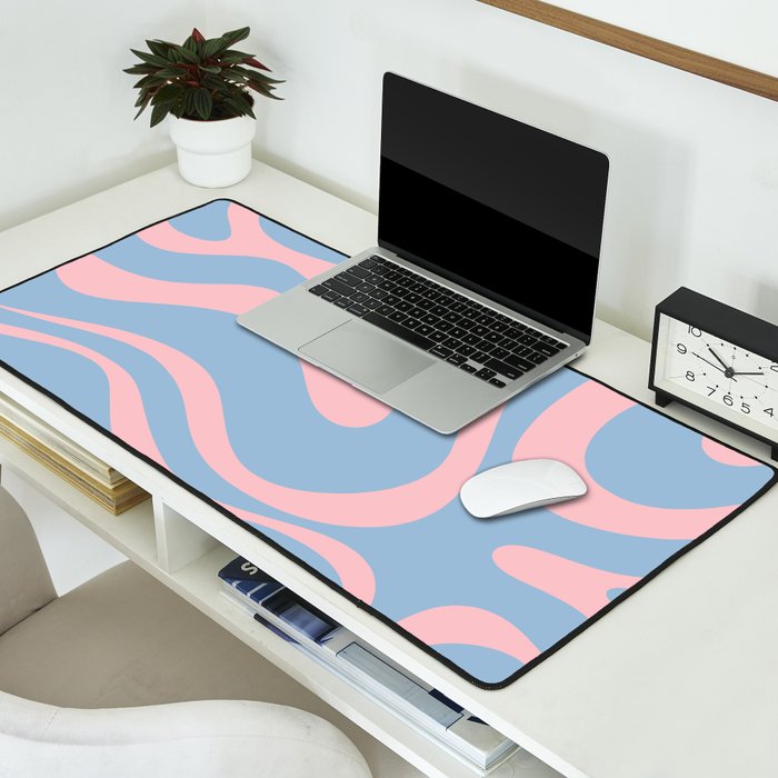 Light Blue and Pink Modern Retro Liquid Swirl Abstract Pattern Desk Mat Gallery Image 2