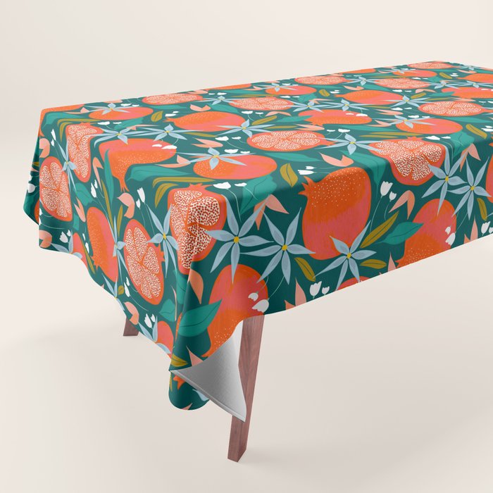 Summer Pomegranate, Tropical Fruit Illustration, Colorful Eclectic Bohemian Juicy Summer Botanical Tablecloth Gallery Image 1