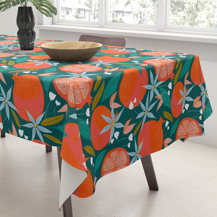 Summer Pomegranate, Tropical Fruit Illustration, Colorful Eclectic Bohemian Juicy Summer Botanical Tablecloth Gallery Image 3