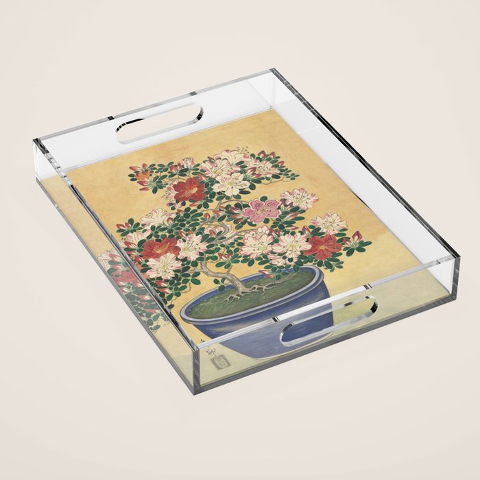 Vintage Flowers Azalea Japanese Painting Acrylic Tray Gallery Image 1
