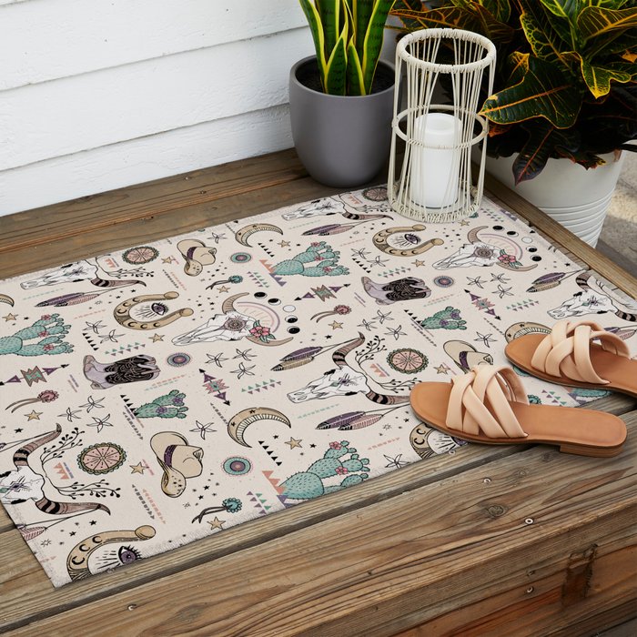 Boho Tribal Cowgirl Ephemera - cream Outdoor Rug Gallery Image 2