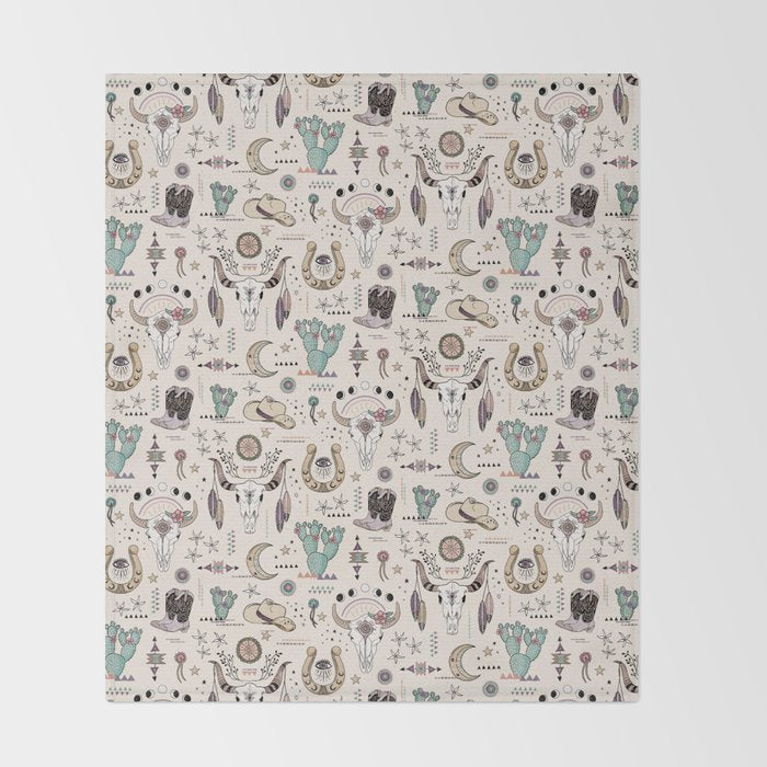 Boho Tribal Cowgirl Ephemera - cream Throw Blanket Gallery Image 2