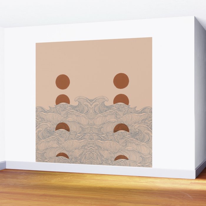Vintage abstract landscape the great wave ocean sunset moon Wall Mural Gallery Image 2