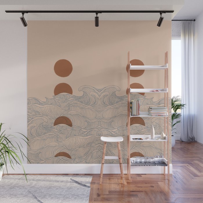 Vintage abstract landscape the great wave ocean sunset moon Wall Mural Gallery Image 1