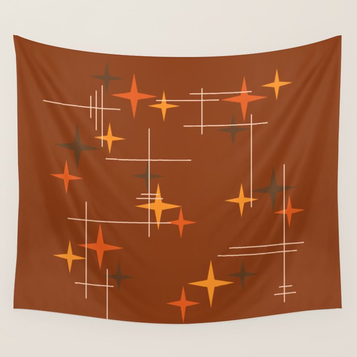 Mid Century Modern Stars Burnt Orange Brown Wall Tapestry Gallery Image 4