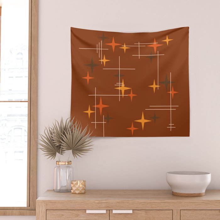 Mid Century Modern Stars Burnt Orange Brown Wall Tapestry Gallery Image 2
