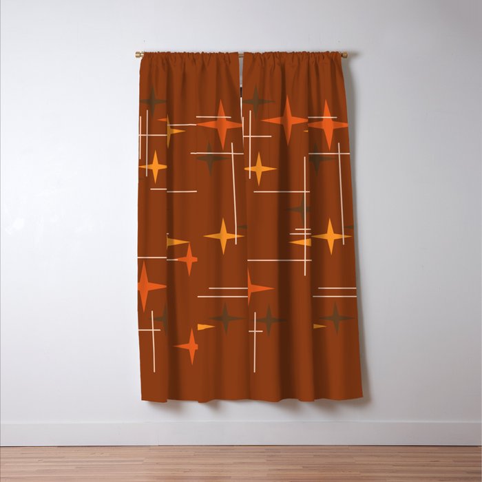 Mid Century Modern Stars Burnt Orange Brown Window Curtain Gallery Image 3