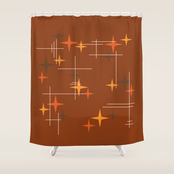 Mid Century Modern Stars Burnt Orange Brown Shower Curtain Gallery Image 1