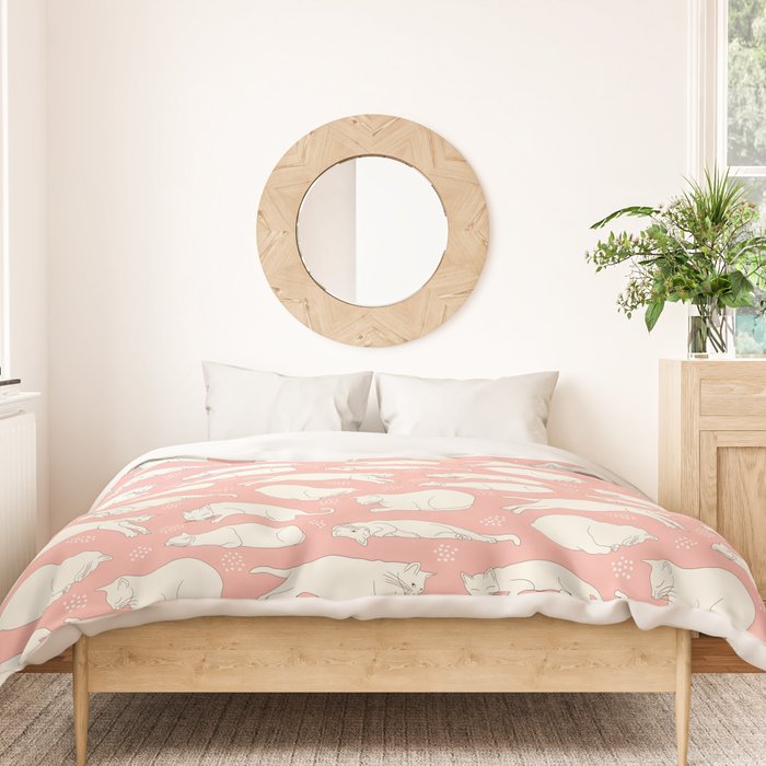 Hand Drawn Sleeping Cats Pattern Pink Preppy Boho Cottagecore Cats Whimsical Pet Illustration Duvet Cover Gallery Image 3