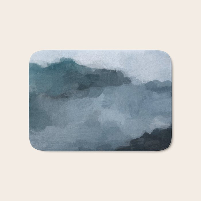 Big Wave Sunset - Navy Blue Surf Indigo Light Blue Clouds Abstract Nature Ocean Painting Art Print Bath Mat Gallery Image 1