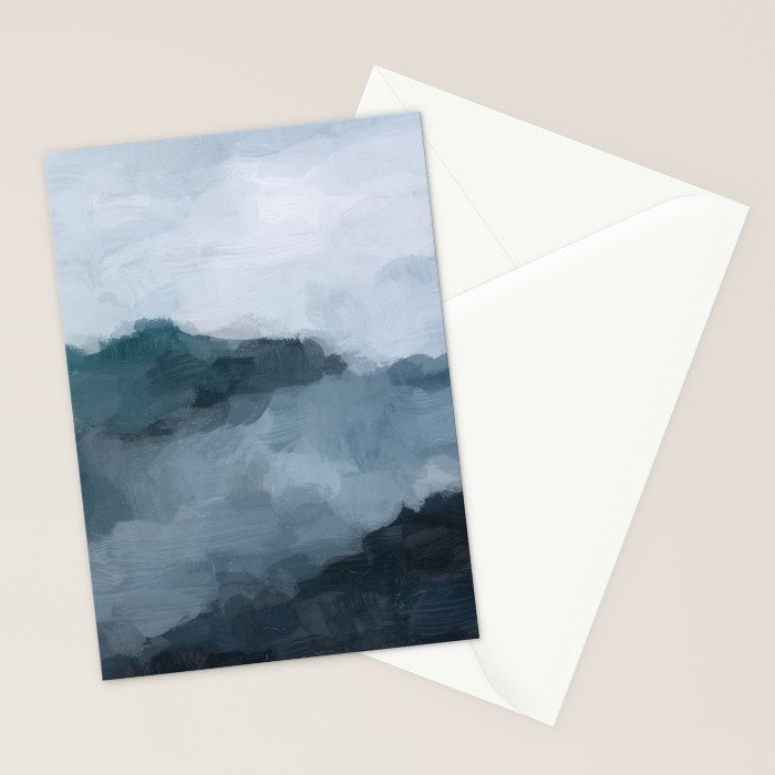 Big Wave Sunset - Navy Blue Surf Indigo Light Blue Clouds Abstract Nature Ocean Painting Art Print Stationery Card Gallery Image 2