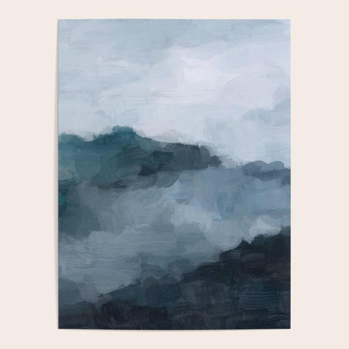 Big Wave Sunset - Navy Blue Surf Indigo Light Blue Clouds Abstract Nature Ocean Painting Art Print Poster Gallery Image 4