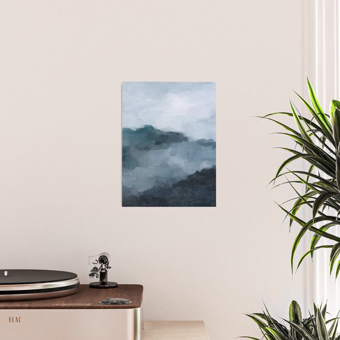 Big Wave Sunset - Navy Blue Surf Indigo Light Blue Clouds Abstract Nature Ocean Painting Art Print Poster Gallery Image 2