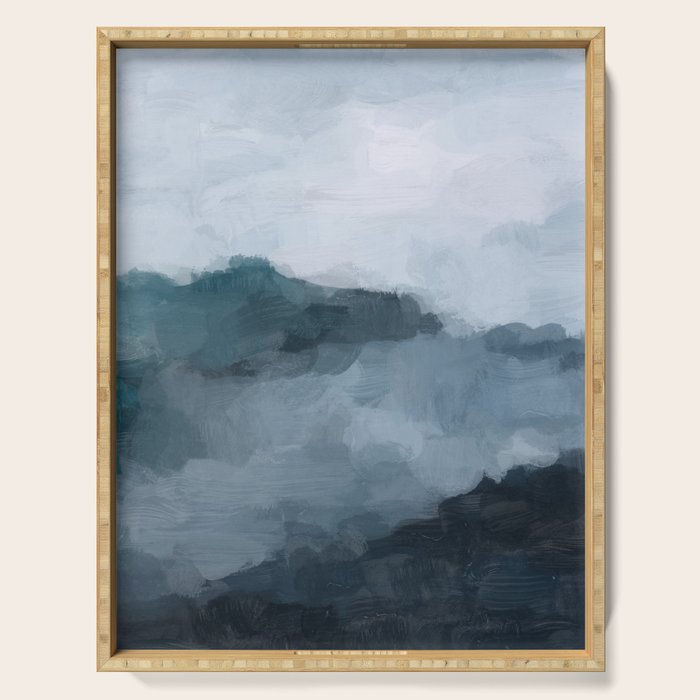 Big Wave Sunset - Navy Blue Surf Indigo Light Blue Clouds Abstract Nature Ocean Painting Art Print Serving Tray Gallery Image 1