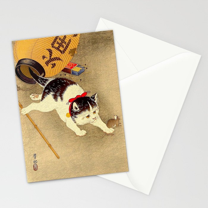 Japanese Woodblock Print Cat Lantern Playful Vintage Art Stationery Card Gallery Image 2
