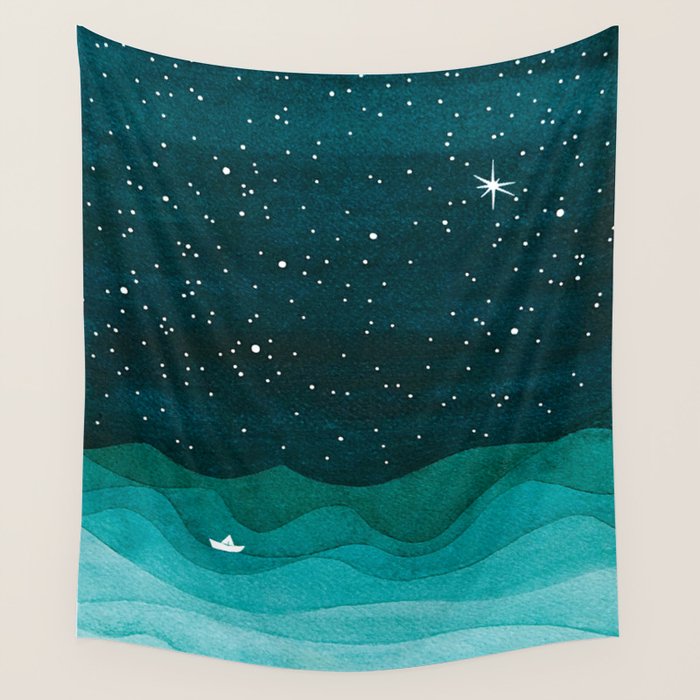 Starry Ocean, teal sailboat watercolor sea waves night Wall Tapestry Gallery Image 4