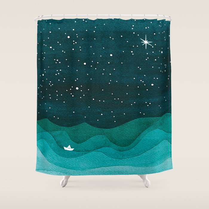Starry Ocean, teal sailboat watercolor sea waves night Shower Curtain Gallery Image 1