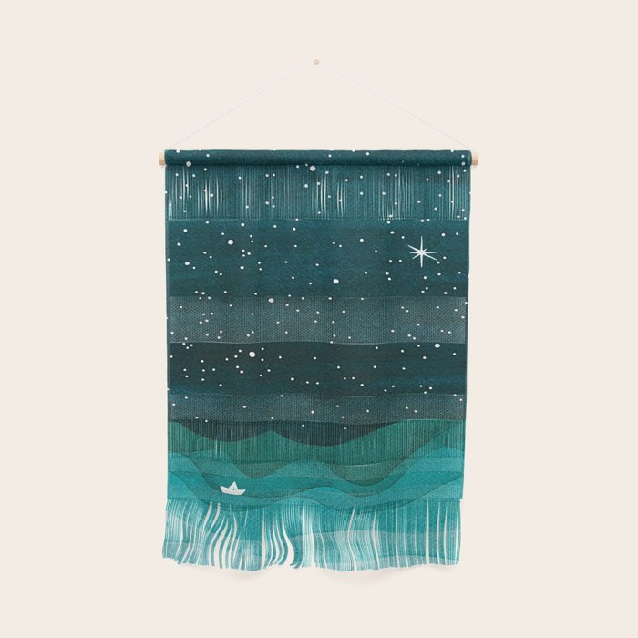 Starry Ocean, teal sailboat watercolor sea waves night Wall Hanging Gallery Image 1