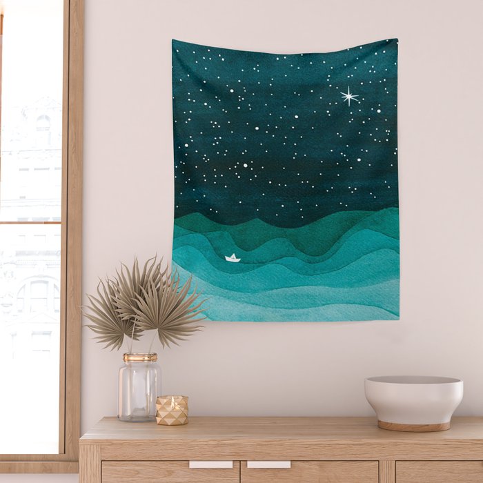 Starry Ocean, teal sailboat watercolor sea waves night Wall Tapestry Gallery Image 2
