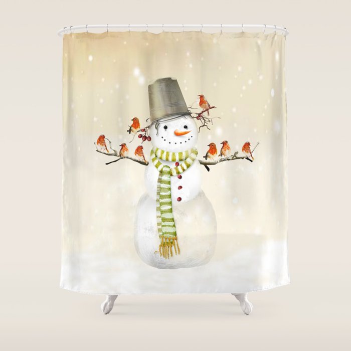 Snowman and Birds Shower Curtain Gallery Image 1