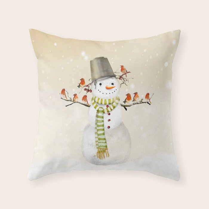 Snowman and Birds Throw Pillow Gallery Image 6