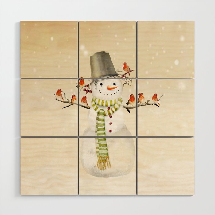Snowman and Birds Wood Wall Art Gallery Image 1