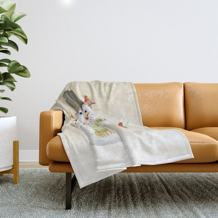 Snowman and Birds Throw Blanket Gallery Image 1