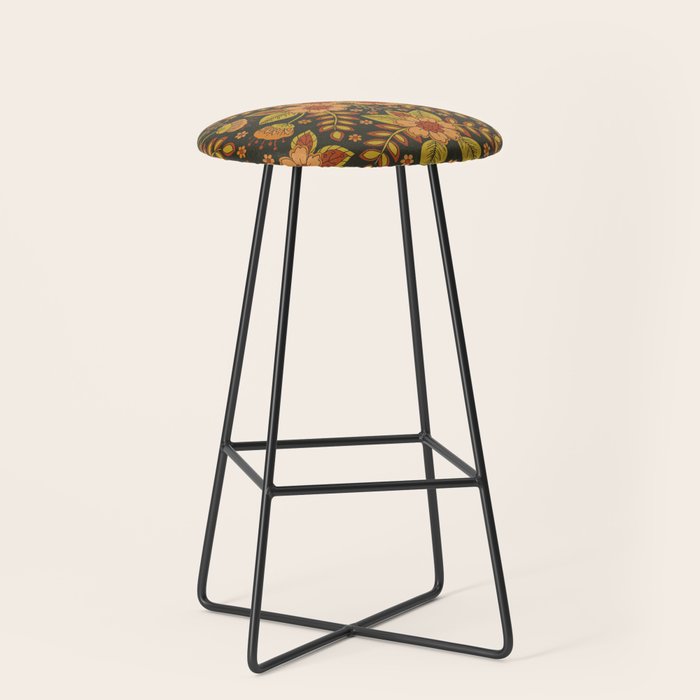 Orange, Peach, Olive Green & Dark Gray Floral Pattern Stool Gallery Image 1