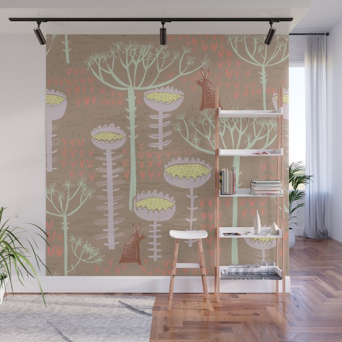 Block print scandinavian meadow brown Wall Mural Gallery Image 1