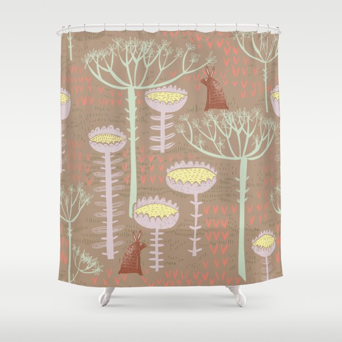 Block print scandinavian meadow brown Shower Curtain Gallery Image 1