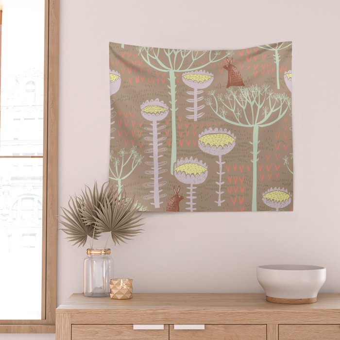 Block print scandinavian meadow brown Wall Tapestry Gallery Image 2
