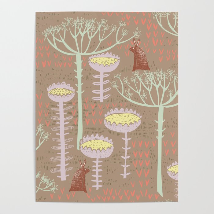 Block print scandinavian meadow brown Poster Gallery Image 4