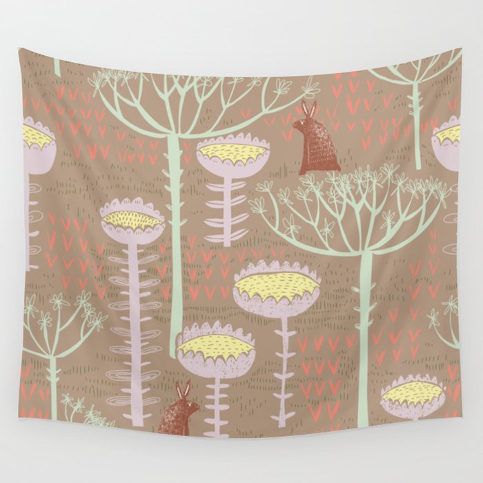 Block print scandinavian meadow brown Wall Tapestry Gallery Image 4