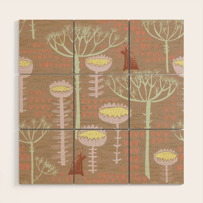 Block print scandinavian meadow brown Wood Wall Art Gallery Image 1