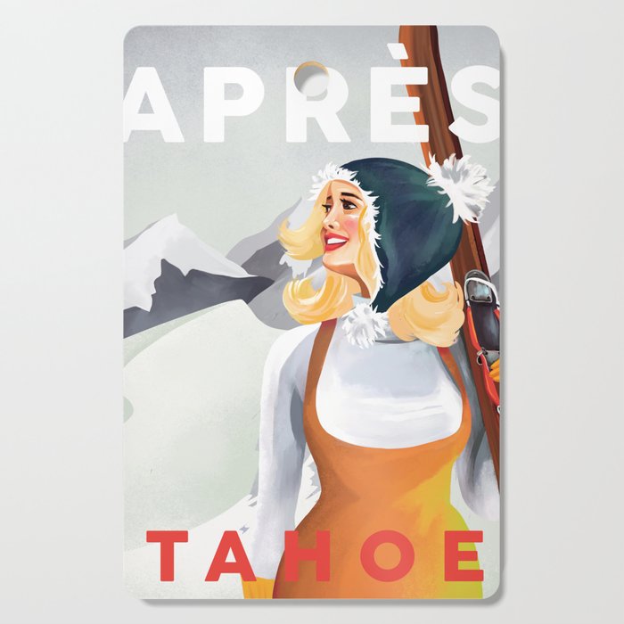 "Apres Tahoe" Cute Retro Pinup Girl Ski Art Cutting Board Gallery Image 1